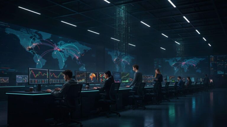 futuristic cryptocurrency trading floor with glowing screens and digital data streams at night