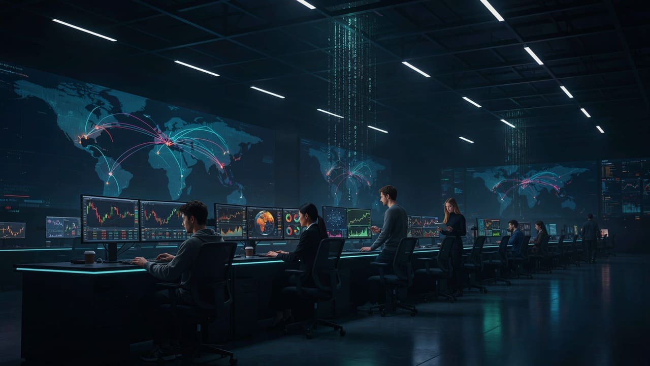 futuristic cryptocurrency trading floor with glowing screens and digital data streams at night