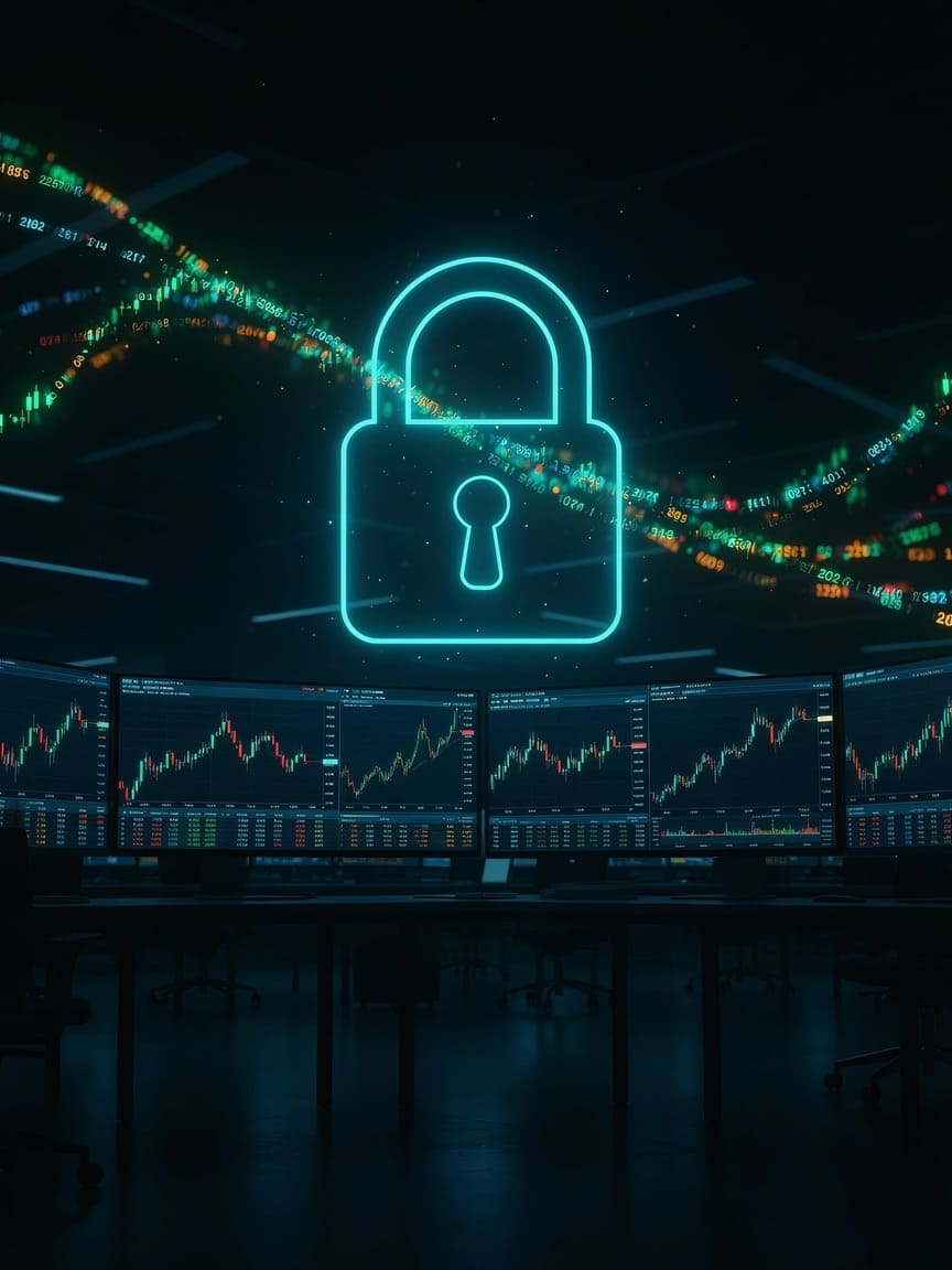 glowing financial data streams and secure padlock icon