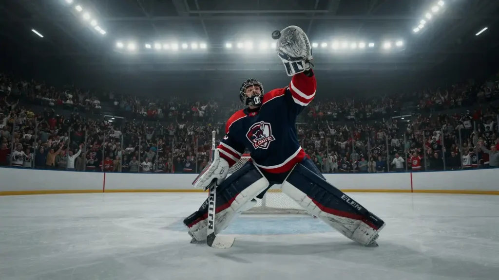 ice hockey- goalie making dramatic save glove