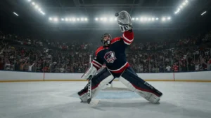 ice hockey- goalie making dramatic save glove
