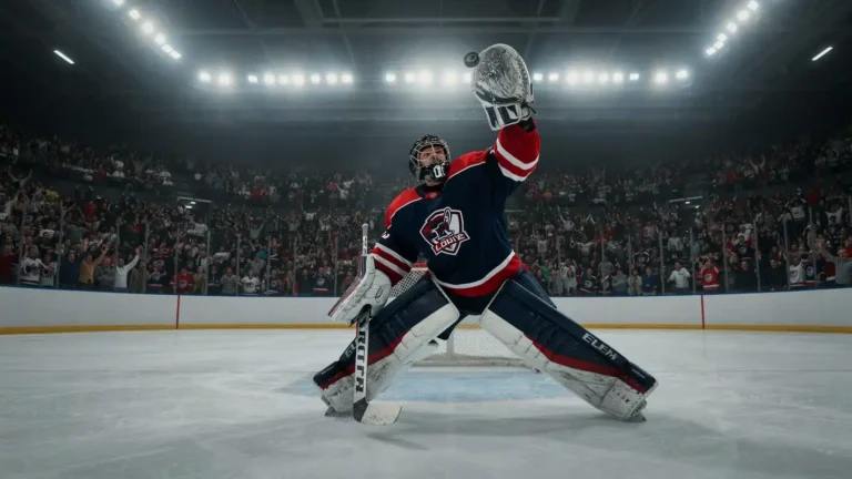 ice hockey- goalie making dramatic save glove