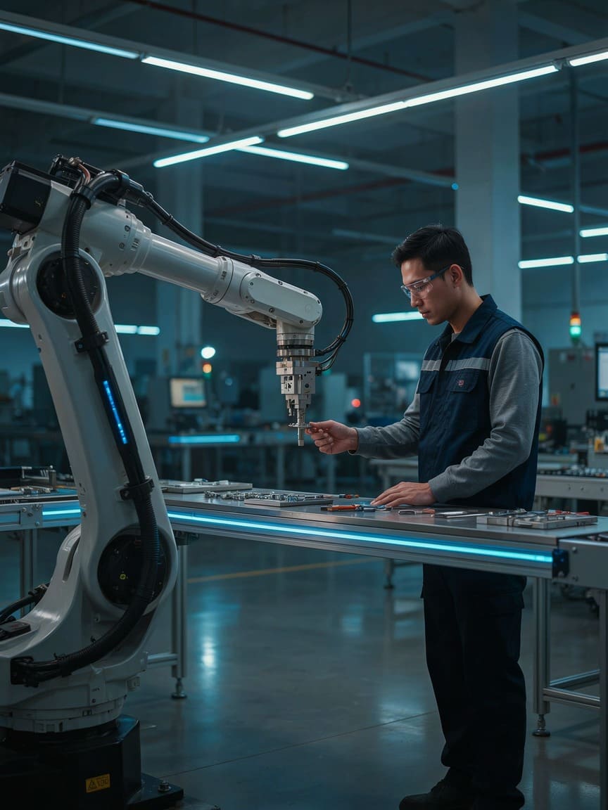 robotic arm working alongside human worker on modern factory assembly line with
