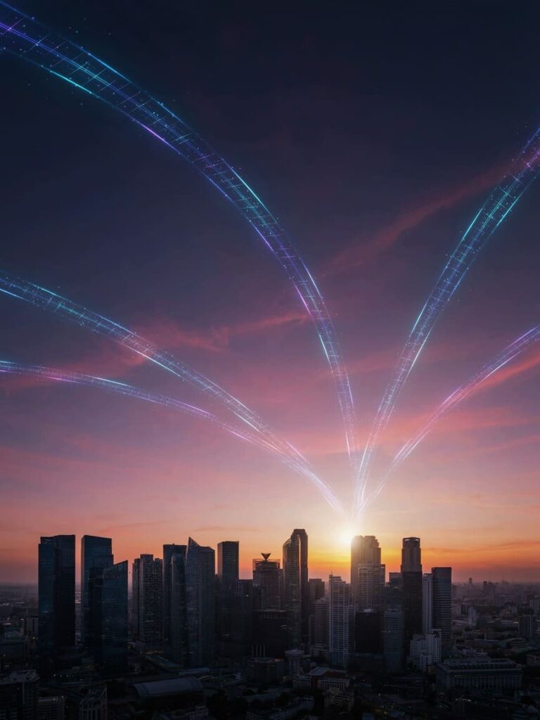 wide angle view of glowing sunrise over modern city skyline